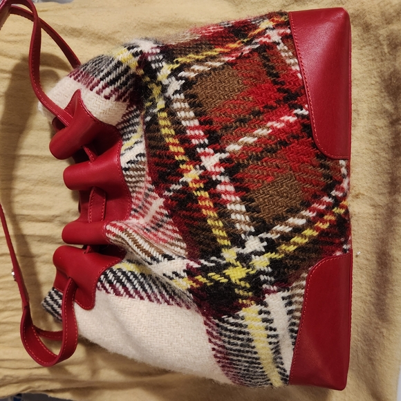 Burberry Plaid Wool Bag with Red Leather Trim - Picture 3 of 16